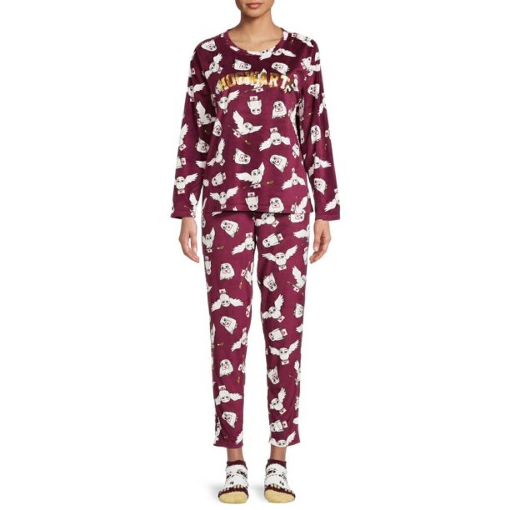 Harry Potter Hogwarts Pajama Set Size L Hedwig Owl Fleece 2 Piece Top & Bottoms
